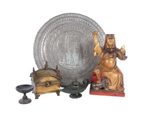 An Eastern silvered wall plaque with design of Kings, 33cm, a Danish oil lamp, a brass casket, a carved and painted Oriental 