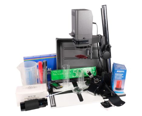 A quantity of photograph darkroom equipment, including Meopta Axomat 5 enlarger, Slick 500G tripod, Jessop Universal Proof pr