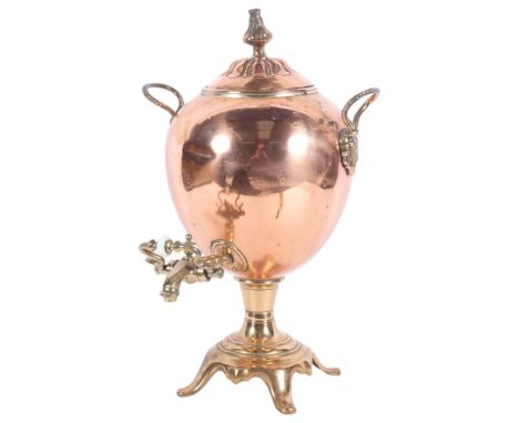19th century copper samovar, with embossed brass handles, on brass plinth with tap, H39cm