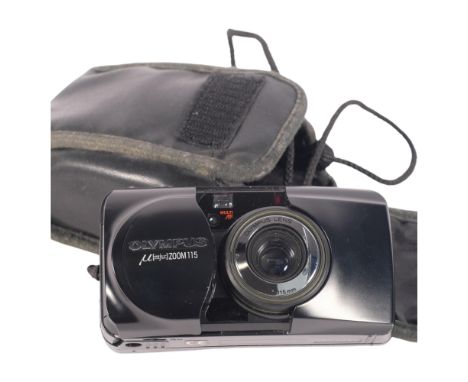 An Olympus MJU Zoom 115 film camera, serial no. 5252004, in soft shell case