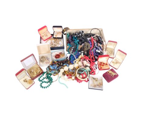 Various costume jewellery, including simulated pearl necklace, panther brooches, etc