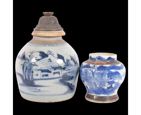 A large Provincial Chinese blue and white ginger jar, with lamp attachment, jar height 16.5cm, overall height 22.5cm, togethe