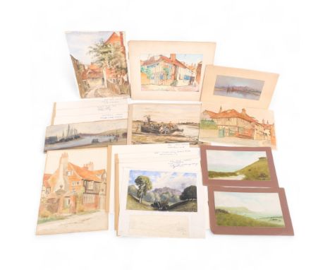 A collection of various pencil drawings and sketches, including Montague Penley, a pencil sketch of a ship near Rye, a miniat