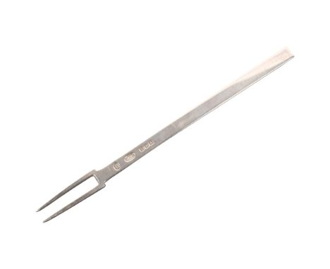 A George V silver two-pronged notched Puritan pickle fork, maker WEB, Jubilee hallmark London 1935, a replica of Manners Fork