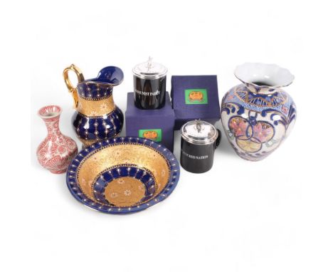2 x 1997 Hong Kong Handover souvenir mugs, a Chinese vase, H23cm, a Continental blue and gold jug and basin, and a crackle gl