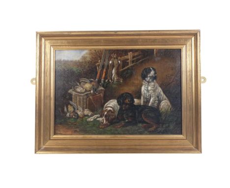 A 19th Century oil on canvas, "The Duke of Sussex's Gun Dogs", depicting an after hunt scene, with hunting dogs, guns and ass