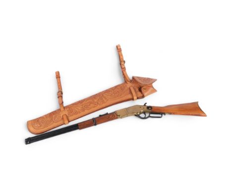 A replica Winchester 1866 "Yellowboy" lever action rifle, in handmade leather gun case, with detailed hand carved and stamped
