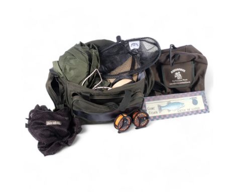 A Q-Dos specimen fishing tackle softshell bag, Stonefly landing net, etc