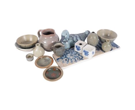 A David Sharp duck, L25cm, Art pottery jug, Studio vases and dishes, some with monograms, and a tile design plaque