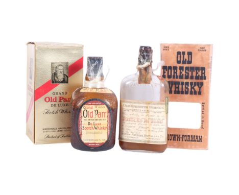 A boxed bottle of Grand Old Parr De Luxe Scotch Whisky, and a 1 pint bottle of Old Forester Whisky in original cardboard pack