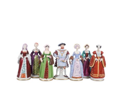 SITZENDORF - a group of 7 porcelain figures, King Henry VIII and His Six Wives, each figure named to rear of base, with maker