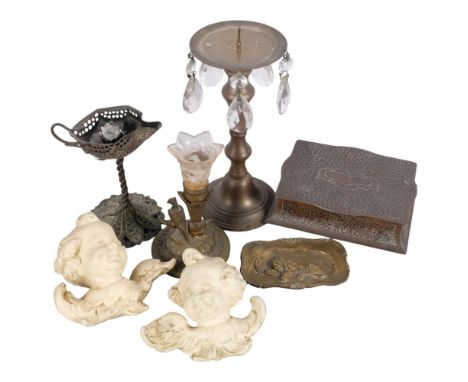 A brass pricket candlestick with lustre drops, 2 smaller candlesticks, an Arts and Crafts metal box, 17cm across, an embossed