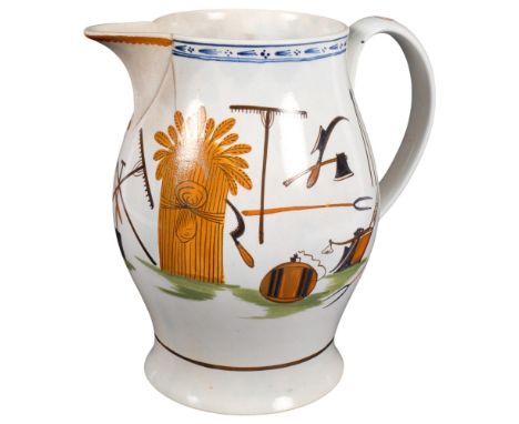 A rare Pratt Ware harvest jug, circa 1800, with illustrations of haymaker's tools and sheafs, H21.cm, some restoration