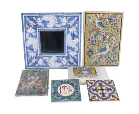 An Iranian painted clay tile depicting doves, 34.5cm x 23cm (cracked), a similar tile with horseman decoration, Antique mount