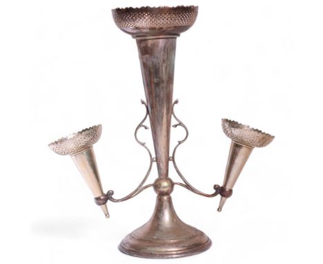 An Antique silver plated 3-branch table centre epergne, with removeable trumpet vases, H36cm