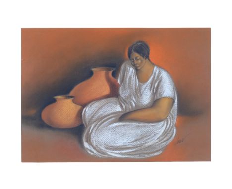 Roberto A R Ana, "Las Ollas", a pastel study of a woman with vase, by Mexican artist Roberto A R Ana, in modern wood and glaz