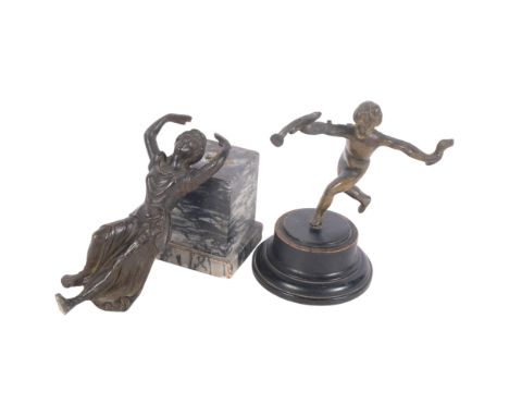 An Antique bronze sculpture of a dancing female figure, on marble base, unsigned, H25cm, and a second cast-bronze figure on p