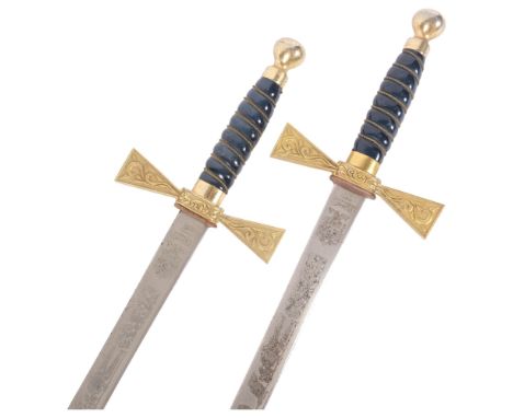 A pair of Elizabeth II commemorative swords, by Wilkinson Sword Co. With brass hilts and etched blades. L - 89cm.