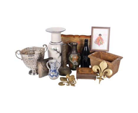 Oriental ribbed vase, 32cm, bronze candlestick with dragon decoration, a plated 2-handled chalice, tea tray etc