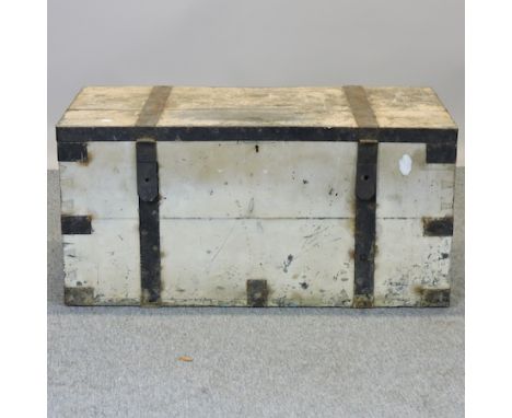 An early 20th century metal bound painted pine trunk, 102cm