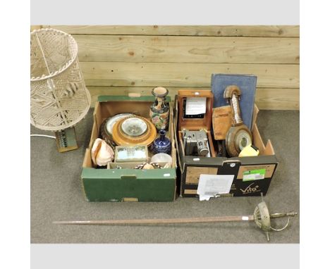 A collection of items to include barometers, trinket boxes, a toy metal detector, a sword, books and beads, together with a J