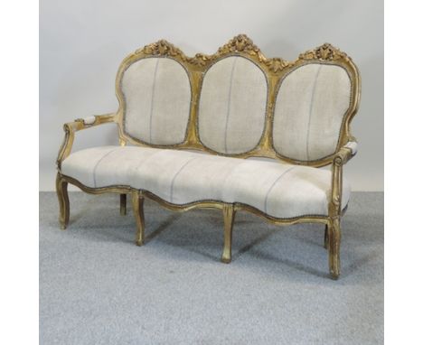 A French style gilt framed cream upholstered show frame sofa, 161cm