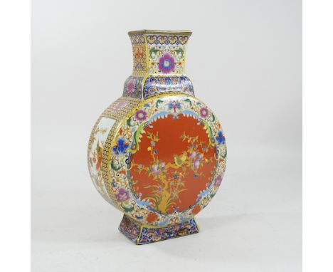 A pottery moon flask, decorated with birds, 29cm high