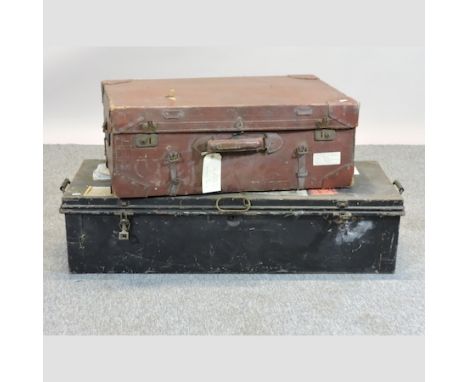 A military tin trunk, together with a leather case, 76cm