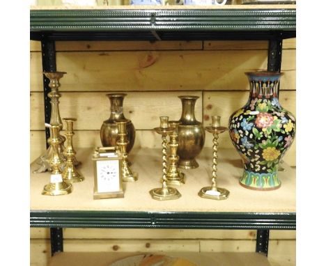 A brass cased carriage clock, 13cm high, together with a cloisonne vase, brass candlesticks and other metalwares