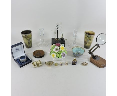 A small collection of items, to include silver mounted horn beakers, a micro distillery, glass candlesticks, a trinket boxes 