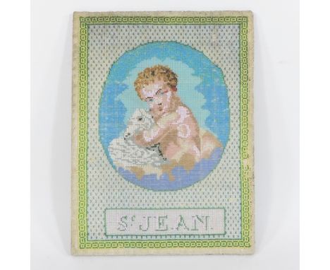 A 19th century bead work portrait of a child and a lamb, 27 x 20cm