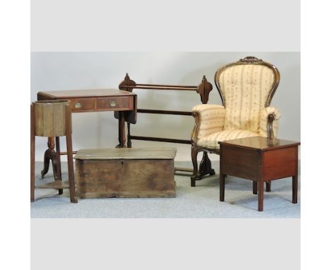 A Victorian style spoon back armchair, together with a Regency style mahogany sofa table, 74cm, an elm trunk, a mahogany comm