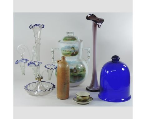 A collection of china, to include a glass dome, a Victorian glass epergne, a blue glass bell jar, a pottery flask stamped 'H,