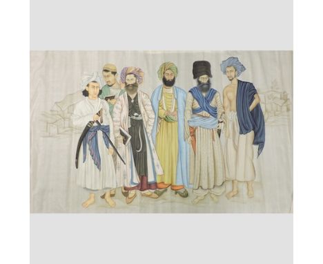 Turkish School, portrait of six gentlemen, gouache on silk, unframed, 90 x 153cm