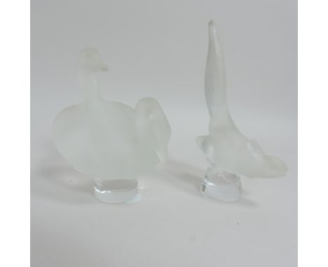 A Lalique frosted glass group of two swans, together with a Lalique frosted glass model of a pheasant, 9cm high, both inscrib