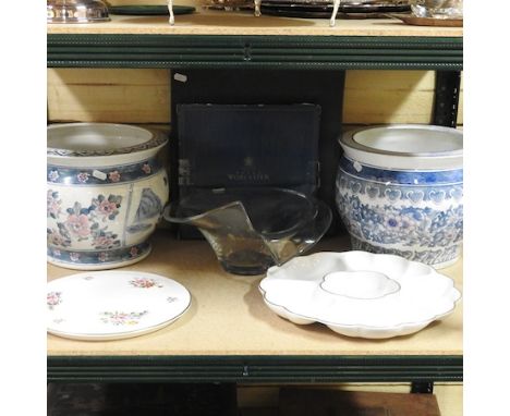 A collection of china to include two Chinese jardiniere, 24cm high largest, Royal Worcester plates and a glass dish