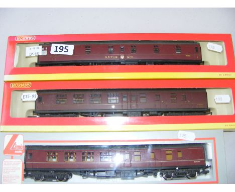 A boxed Hornby R4210 BR Mk1 Sleeping Car Maroon W2104, another Hornby boxed example and Lima example.