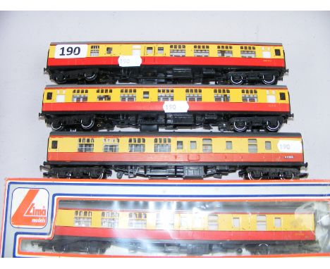A boxed LIMA 305331W BR Comp. Corridor Brake - 2nd Coach, No 34100 & three unboxed coaches.