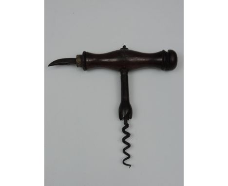 An Antique Hawkbill Corkscrew with Coco Bolo Wooden Handle, a Serrated Edge Steel Foil Cutter, a Full Fluted Wire Helix Worm 