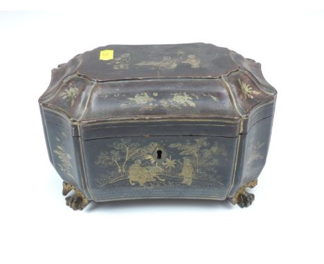 Oriental Ebonised Lacquered Tea Caddy with Fitted Interior and Hand Painted Decoration 