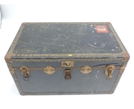 Navy Blue Steamer Trunk - With Lift Out Storage Tray and KeysStickers show that the Trunk travelled on Cunard's White Star Li