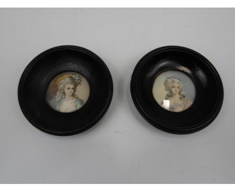 Pair of Hand Painted Portrait Miniatures in Ebonised Frames 
