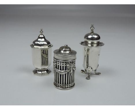 3x Silver Pepper Pots - One with Pull-Off Pierced Cover - Hallmarked for Birmingham 1902 by Henry Williamson, an Octagonal Pe