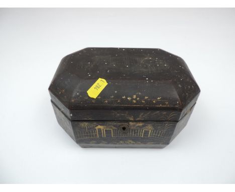 Oriental Ebonised Lacquered Tea Caddy with Fitted Interior and Hand Painted Decoration 