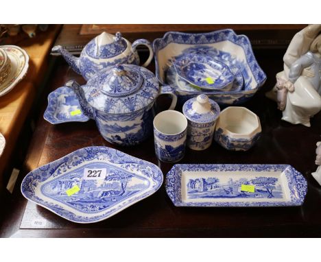 Collection of Spode Italian scenes Blue and white pottery, Cauldon Bullet shaped teapot etc 