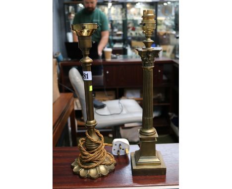 Georgian style brass Corinthian Column table light and another brass table lamp
