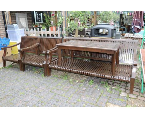 Good quality Teak 3 seater Garden sofa with 2 matching chairs and Coffee table with cushions 