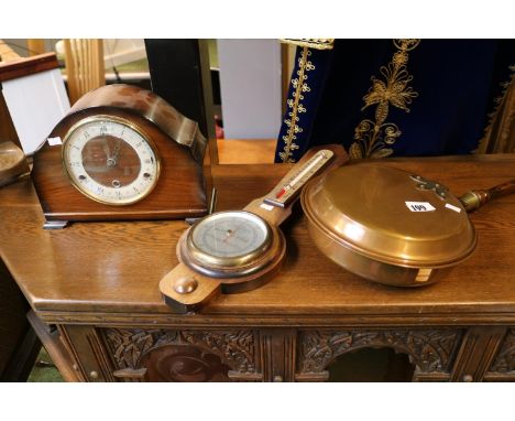 Copper Warming Pan, Oak cased clock and a Wall Barometer 