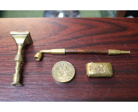 Brass Opium Pipe, Embossed match vesta, students candlestick and a George 7 The Dragon Circular Match Vesta 