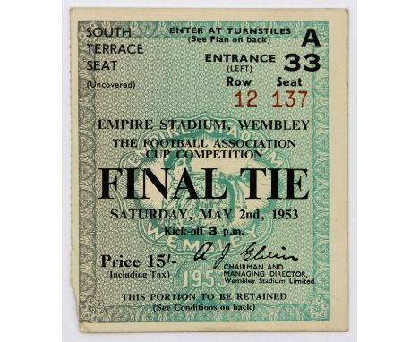 1953 FA Cup Final Ticket Blackpool v Bolton. This is a rare original used ticket for the 1953 FA Cup final, played at Wembley